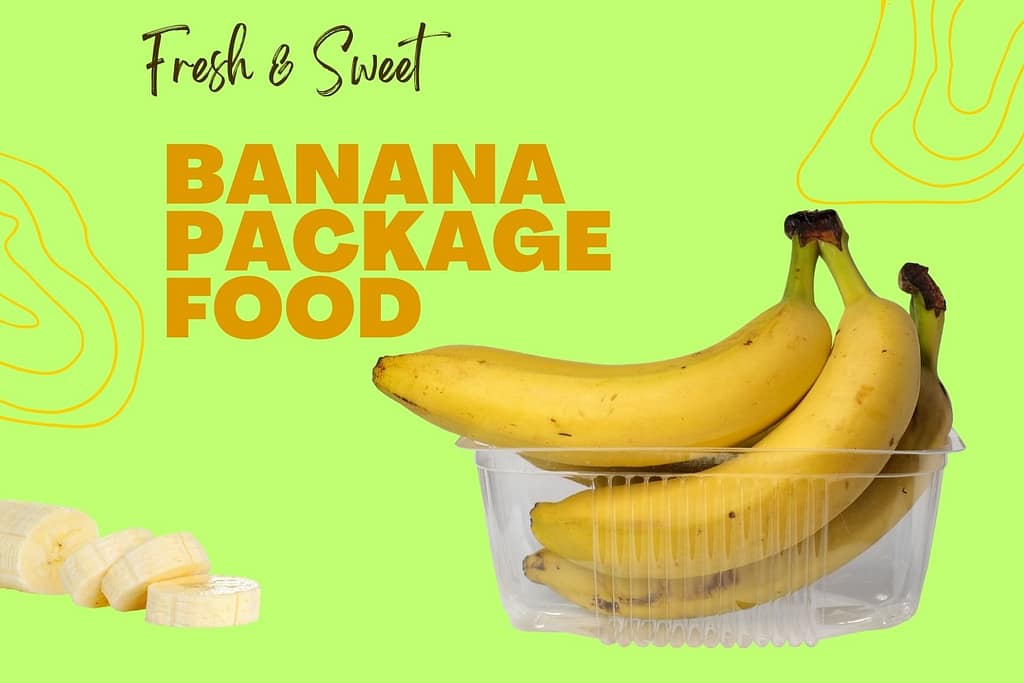 A clear plastic container holds several ripe bananas; next to it are banana slices. Bold text reads "Top 7 Health Benefits of Bananas" on a bright green background with abstract yellow designs.